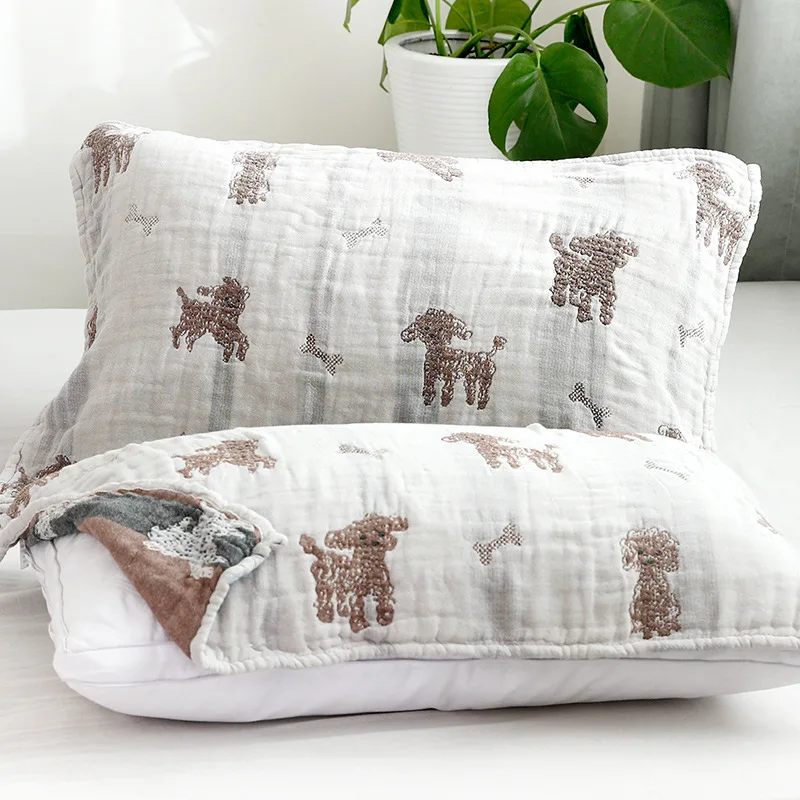 Cartoon Teddy Dog Pattern Pillow Towel Cotton Muslin 6-Layer Gauze Pillow Towel 1Pair Decorative Pillow Cover 50*75cm