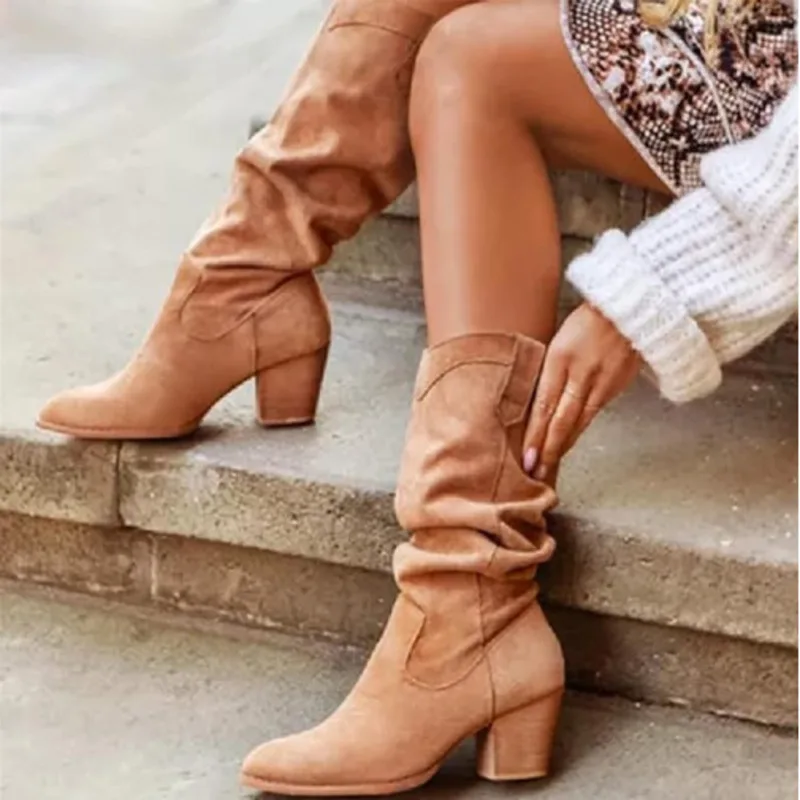 Western Cowboy Boot Vintage High Folds Boots Mid-Calf Suede Boots Women Pointed Toe Non-Slip Knight Boots Shoes