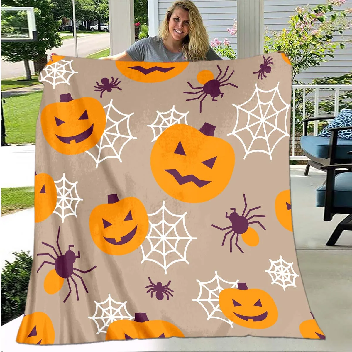 Printed Flannel Throw Blanket for Sofa Bed, Super Soft, Warm, Queen Size, Halloween Ghosts, Pumpkin Print