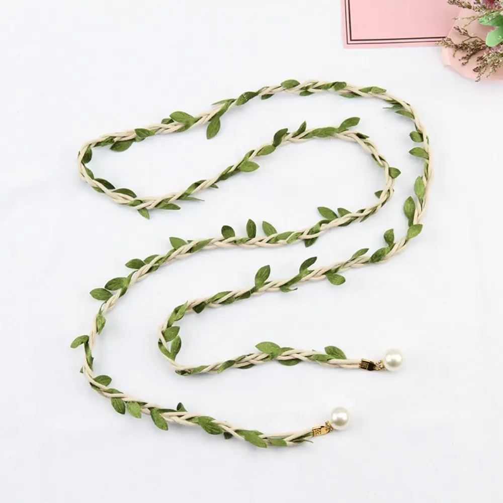 Leaf Ethnic Style Waist Belt Pearl Beaded Thin Leather Weave Waist Chain All-match Tassel Dress Decoration Ladies/Girls
