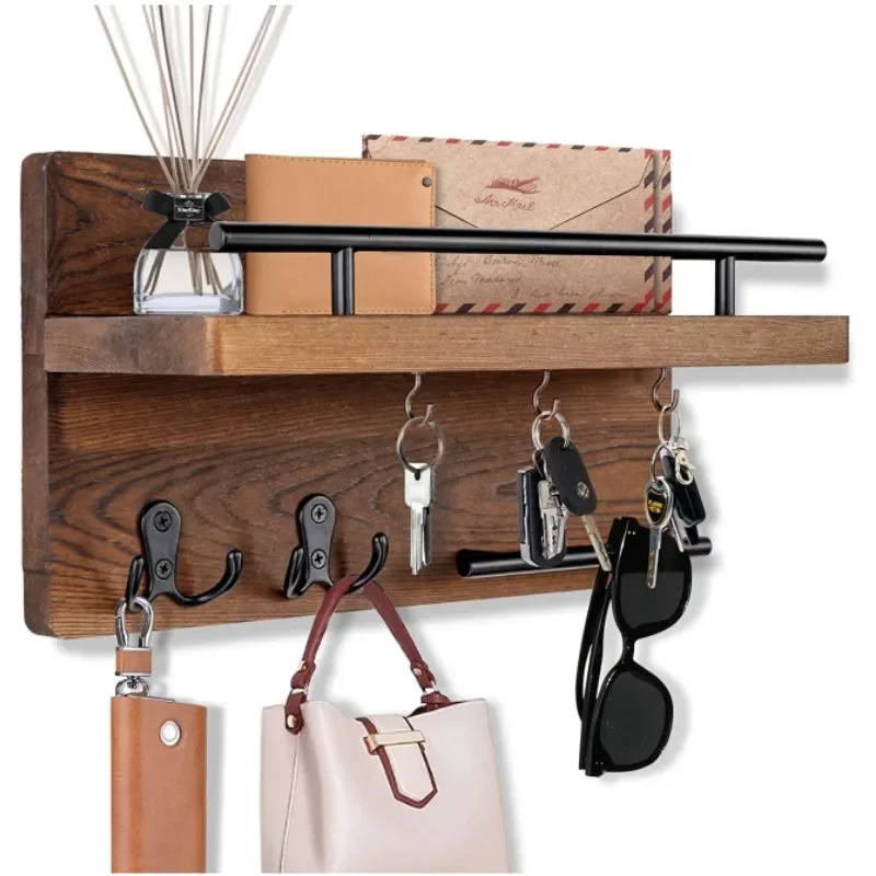 Wooden Wall Key Holder with 5 Hooks Mail Organizer with Shelf Home Decor for Entryway Hallway