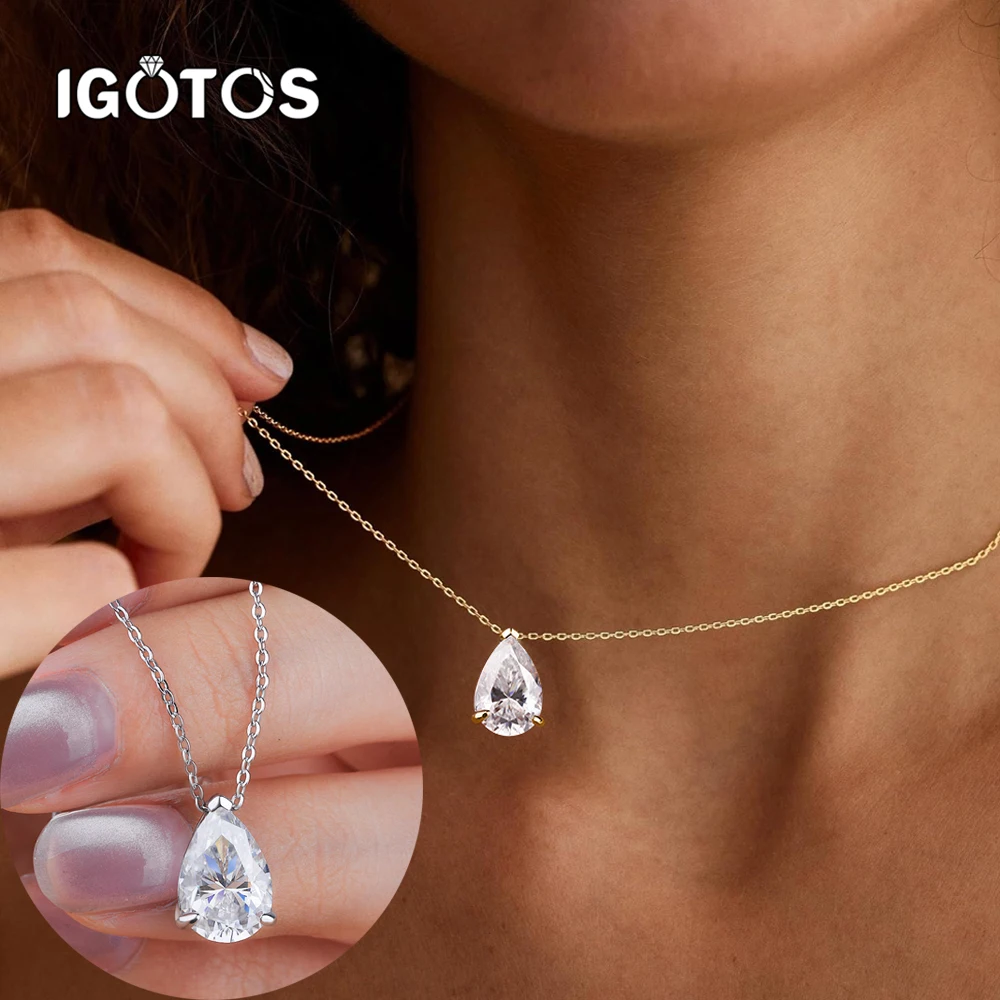 

IGOTOS 1-4CT капля воды муассанит кулон ожерелье женское стерлинговое серебро 925 пробы круглый/острый коготь лабораторный бриллиант кулон шейная цепочка