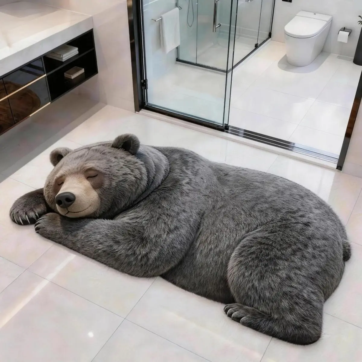 VIKAMA Realistic Sleeping Grey Bear Shaped Bath Mat Non Slip Washable Absorbent Floor Rug Creative Animal Bathroom Decor Mat