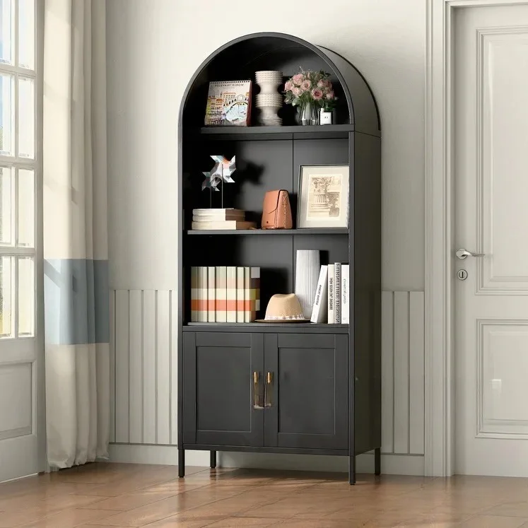 & French retro solid wood bookcase floor-to-ceiling white arched glass door home living room wine cabinet locker integrated