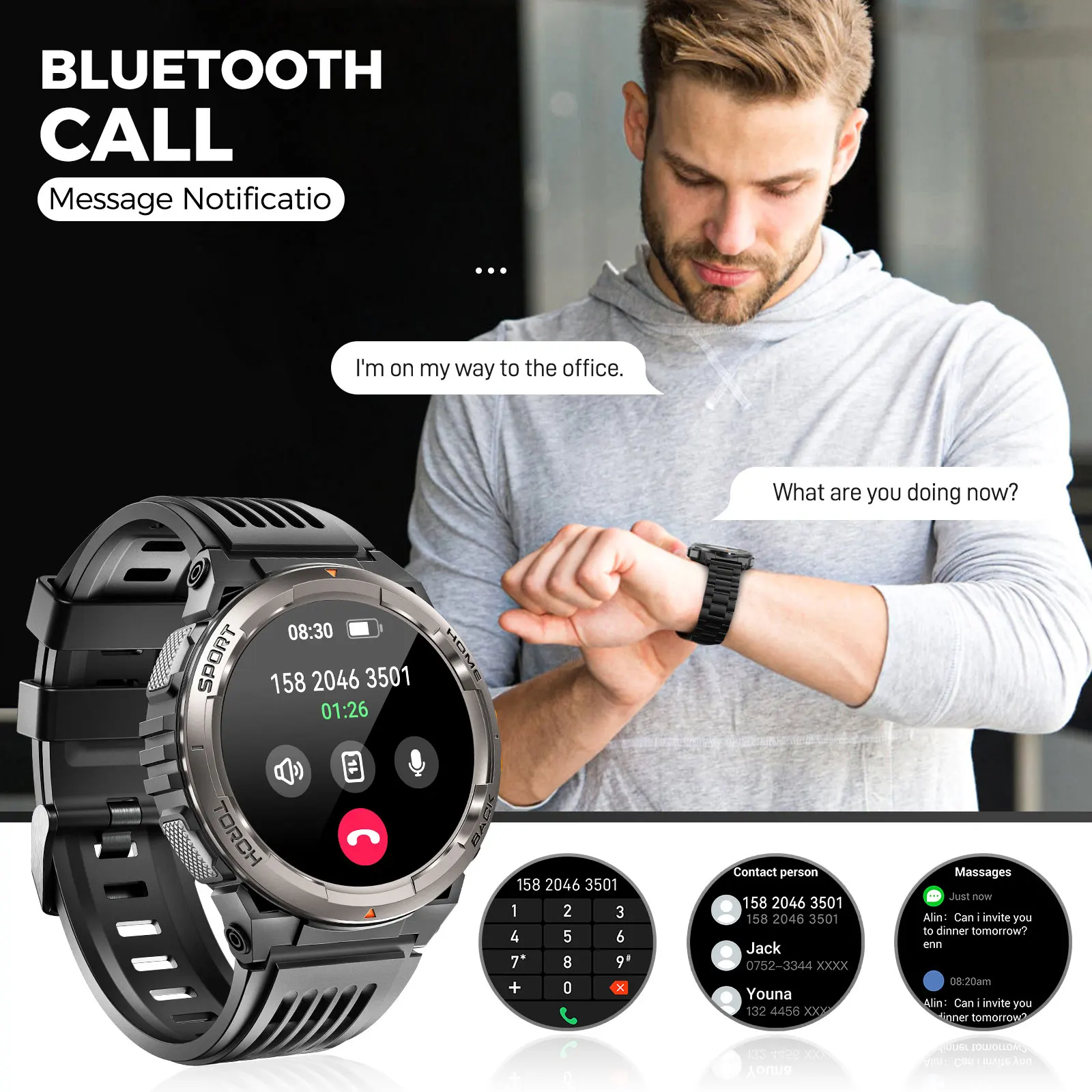 LaNikar Smart Watch New KE5 3ATM Waterproof Original Design Sports Watch With Compass And Altitude Barometer LED Flashlight Call