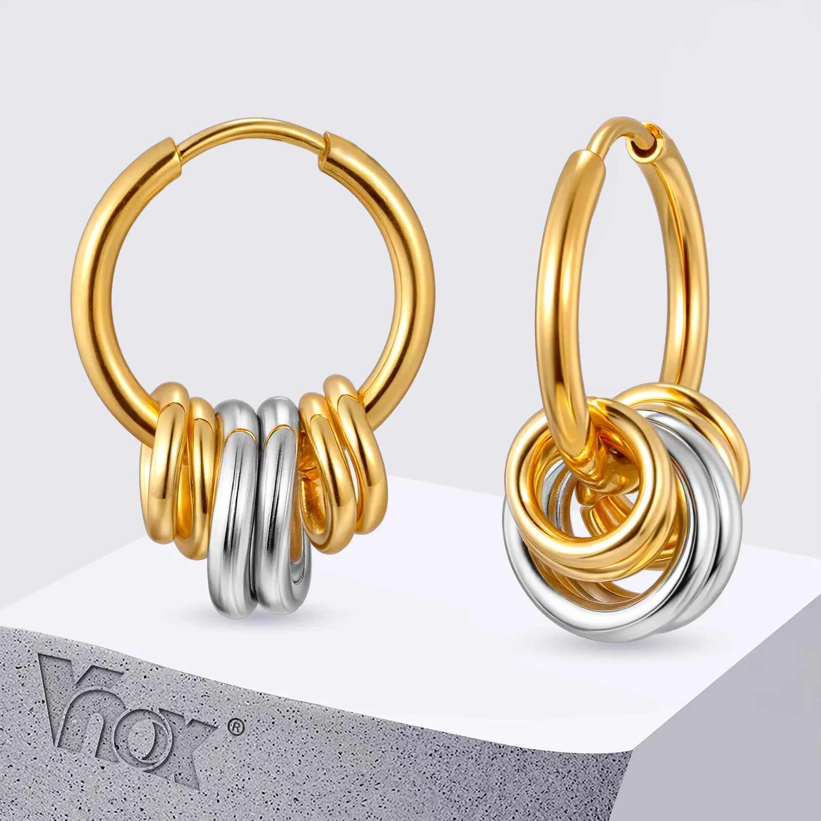 Vnox Classic Multiple Circles Hoop Earrings For Women, Stainless Steel Mixed Color Detachable Multi-ring Ear Jewelry