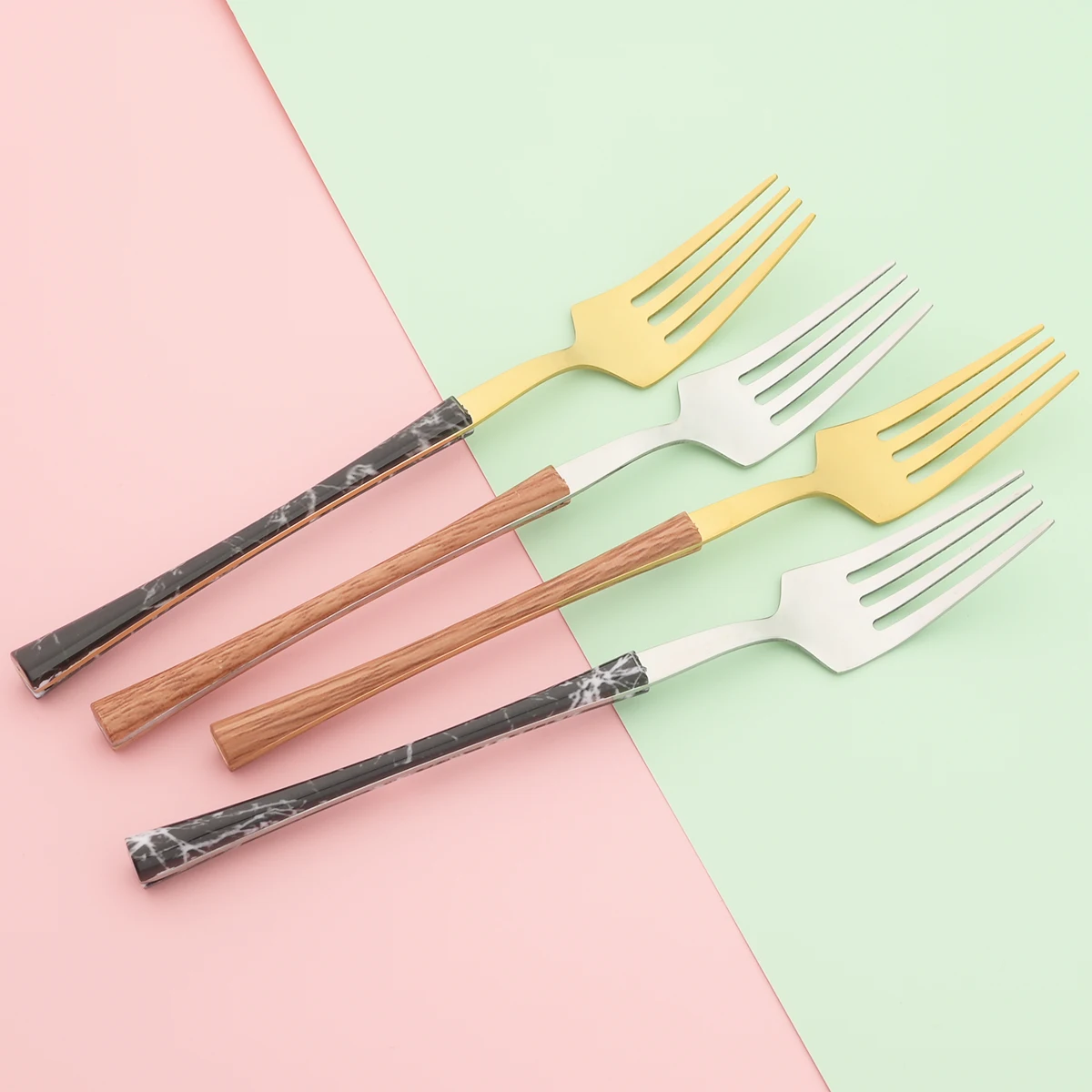 

6Pcs Dinner Fork Cutlery Set Stainless Steel Tableware Set Imitation Wood Handle Dessert Fork Dinnerware Kitchen Silverware