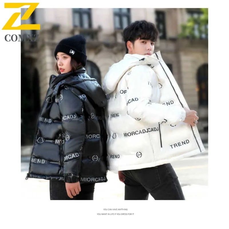 COMXZ Men Down Jacket Glossy Surface Design Adventure Warm Lightweight Parka Fashion Hooded Travel Windproof Winter Garment