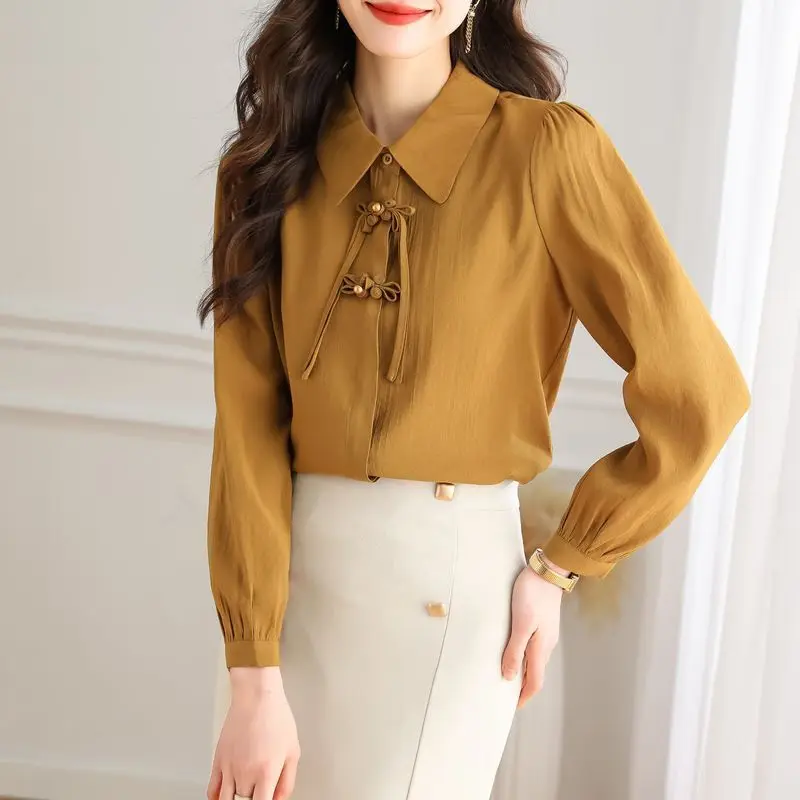 Women\'s Clothing Vintage Stylish Chinese Style Button Up Shirt Office Lady Elegant Commuting Blouse Solid Long Sleeve Loose Tops