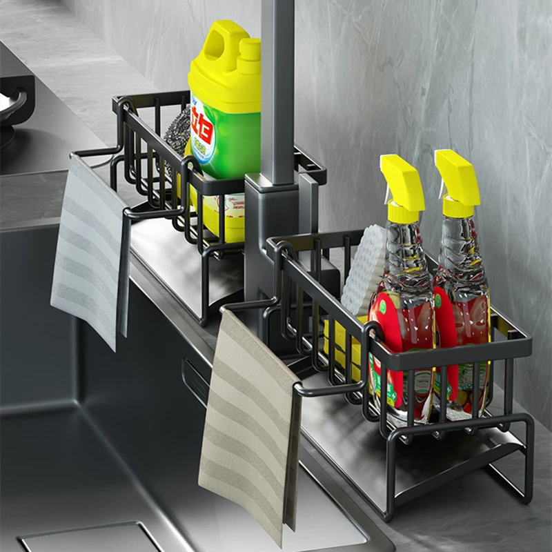 Kitchen Sink Rack Organizer Kitchen Storage Sink Faucet Sponge Holder With Self-draining Tray Kitchen Bathroom Organizer Shelf