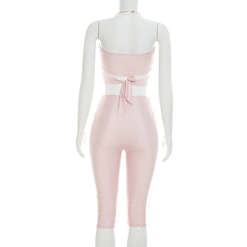 STYLISH LADY Metal O Ring Halter Cut Out 2 Piece Set Cross Wrap Crop Top Ruched High Waist Capri Pants Sexy Club Bodycon Outfits view 6