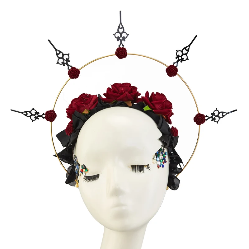 Lolita Halo Crown Halloween Gothic Retro Dark Clock Winds Headband Punk Rose Headwear Party Costume Novelty Hair Accessory