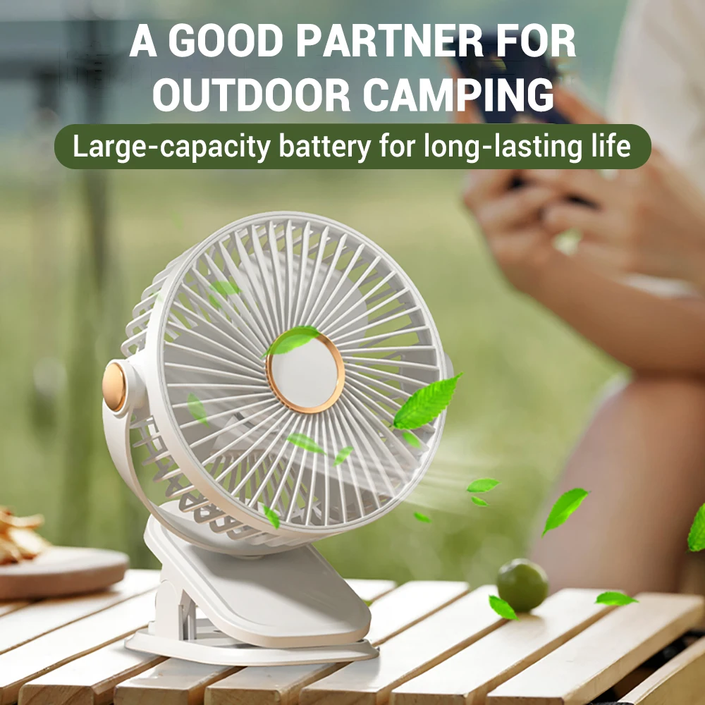 مروحة بمشبك USB محمولة قابلة لإعادة الشحن مع 5 سرعات للرياح و3 أوضاع وإضاءة LED ومروحة كهربائية لاسلكية منخفضة الضوضاء للتخييم على سطح المكتب