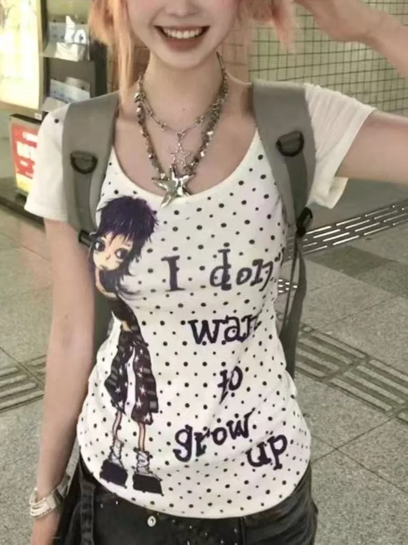 Japanese Y2k Tops Summer Kawaii Harajuku Style Retro Dots Funny Graphic Print T-Shirt Cute Gyaru Slim Fit Cool Tees 2025 New In