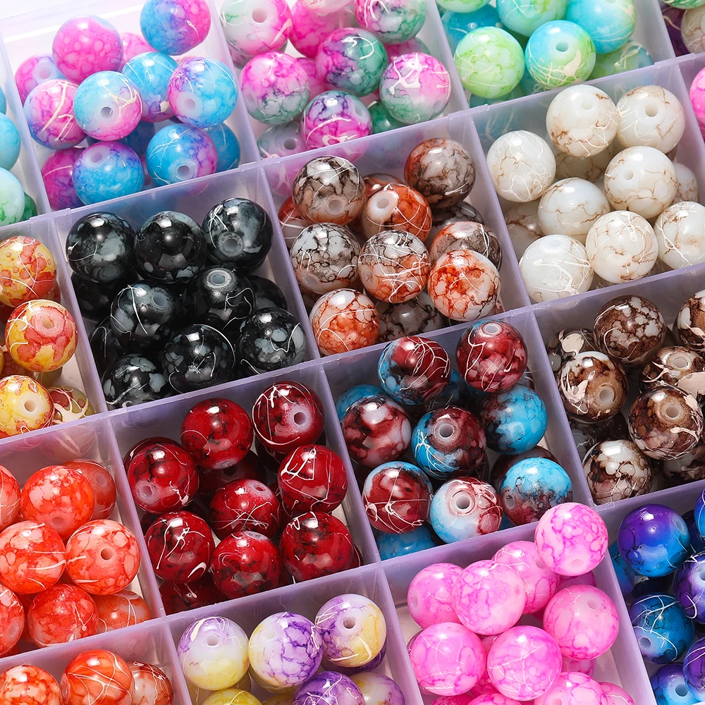 20-100pcs 4/6/8/10mm Colorful Pattern Round Glass Crackle Loose Spacer Beads for Jewelry Making DIY Handmade Crafts Accessories