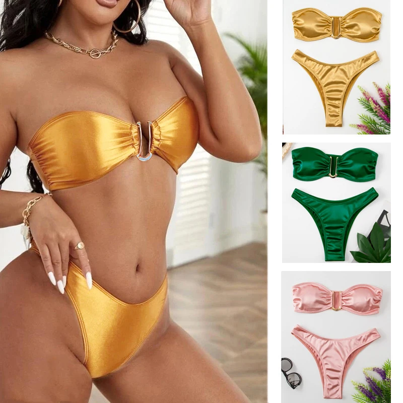 

Модные металлические кольца с вырезами, женские купальники, бикини, бразильский купальник, сексуальный комплект купальников с открытыми плечами, женская пляжная одежда для плавания
