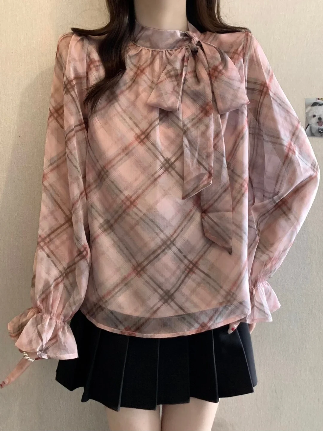 Retro Plaid Long Sleeve Base Shirt Women Spring Autumn plus Size  Knot Tie Top Slimming Ageless Korean Style Blouse