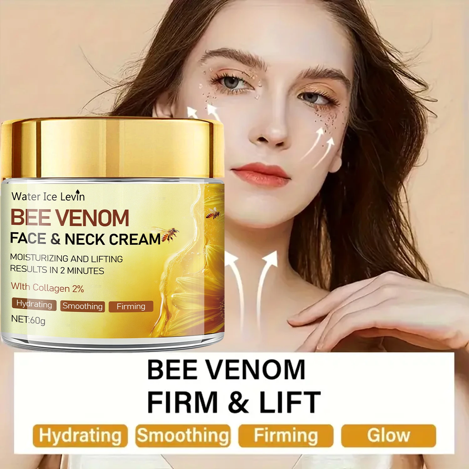 Water Ice Levin Bee Venom Face Neck Cream. 2 Minute Lift, 2% Collagen. Hydrates, Smooths, Firms, Glows. 60g.