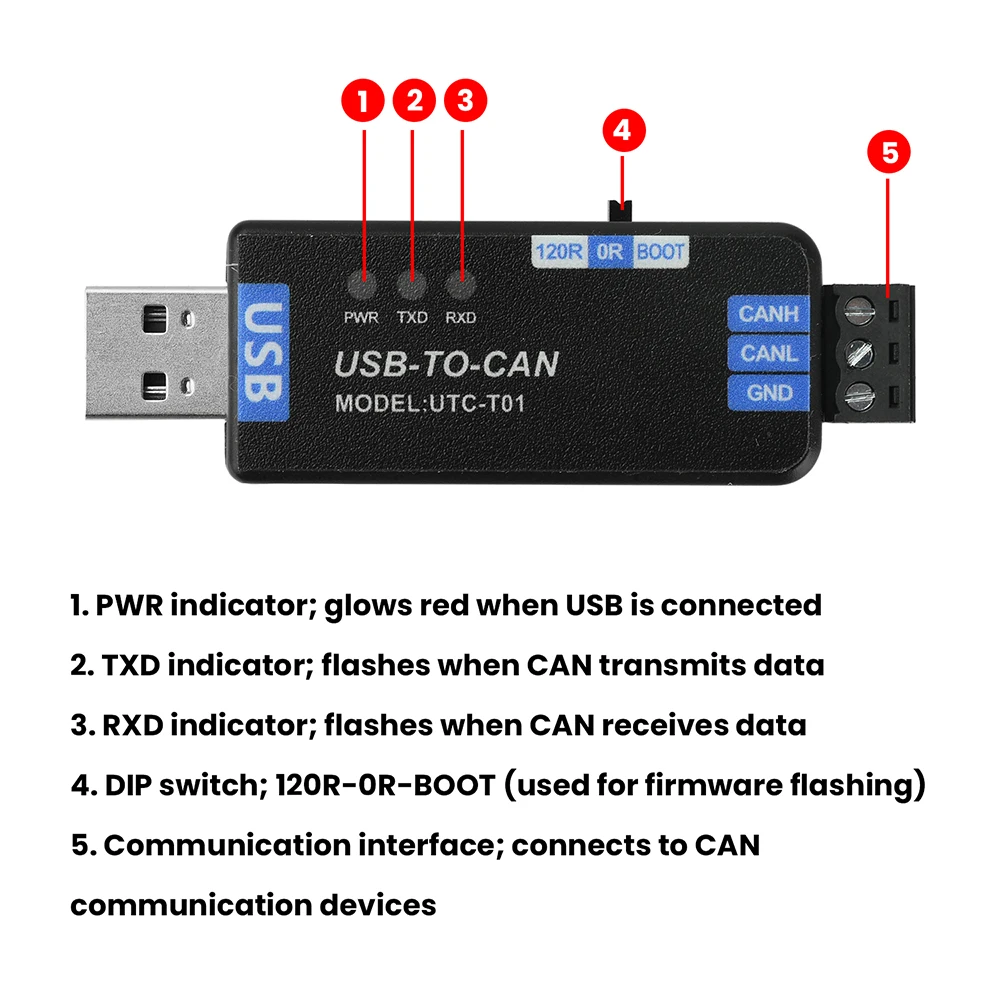 USB To CAN Adapter Analyzer With CAN2.0A Protocol Support For Industrial Network Testing And Development