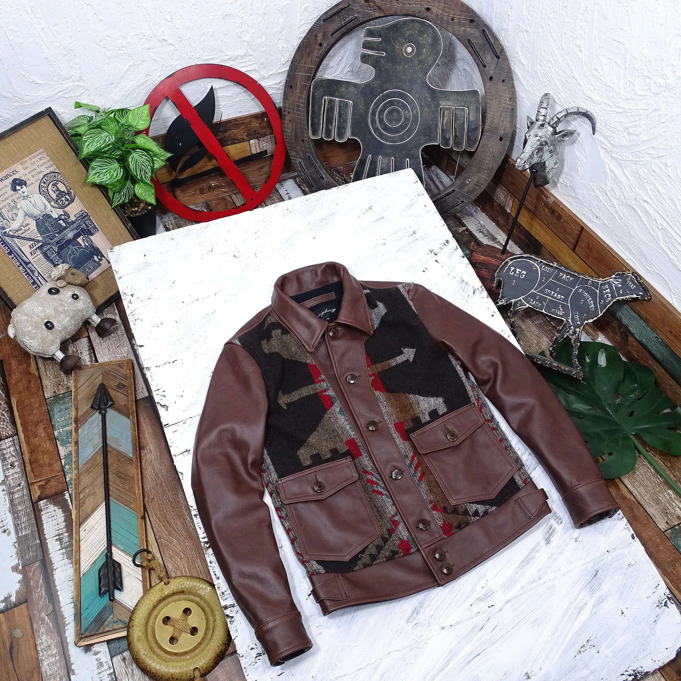 

Легкая куртка из натуральной кожи с восковым покрытием и окраской, с тотемным узором Навахо, повседневная, модная, городская, короткая, для молодых мужчин