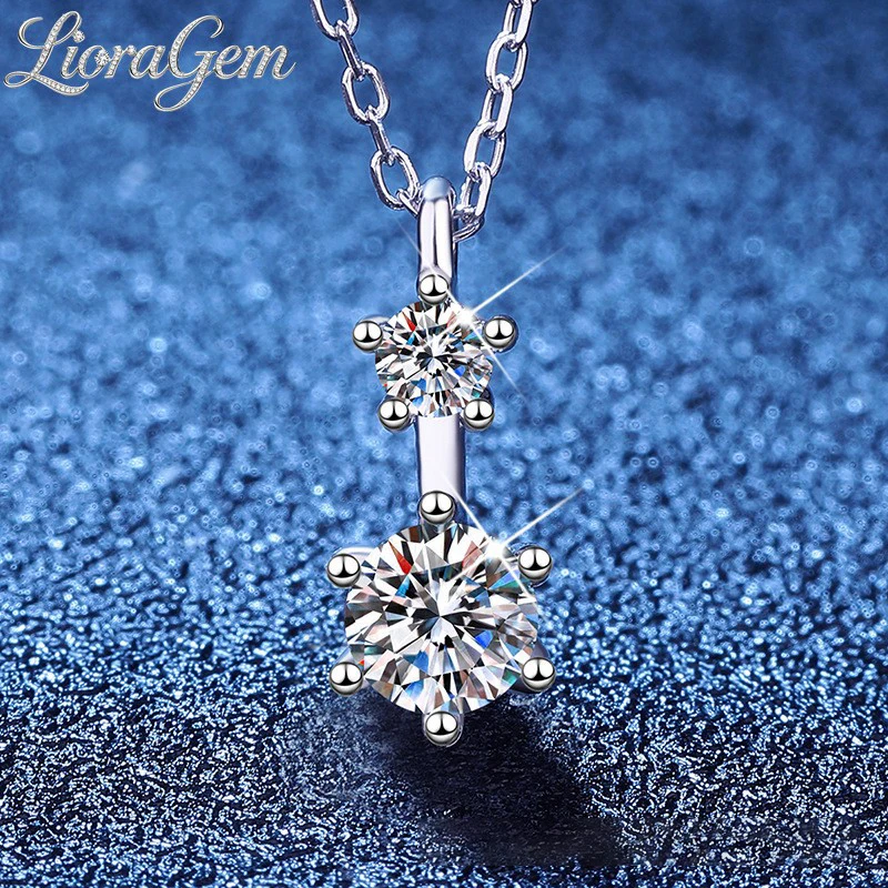 LioraGem Platinum PT950 Minimalist Moissanite Necklace, Classic Six-Prong Double Diamond Fashion Pendant Necklace for Women