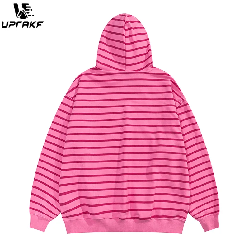 UPRAKF Hit Color Striped Hoodie Oversize Autumn Casual Fashion Long Sleeve Streetwear Tops Hip Hop Star Graphic Pullovers