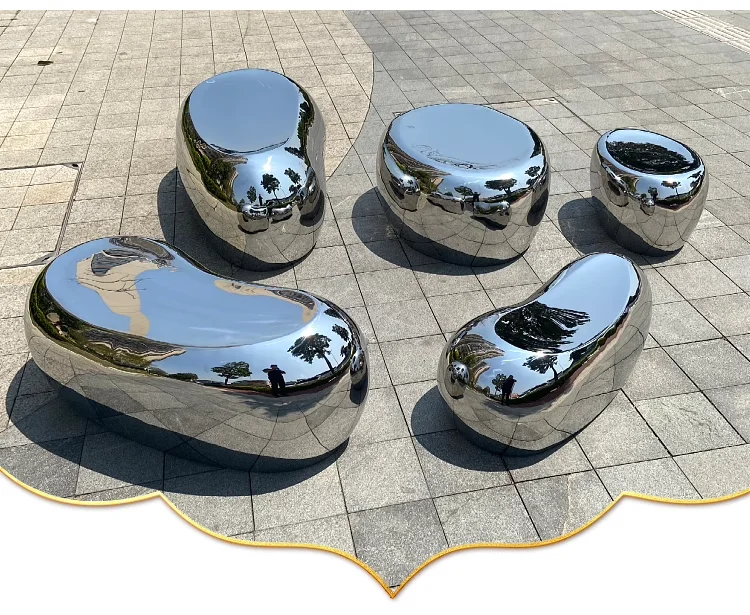 Hotel shopping mall stainless steel stone sculpture mirror metal seat pebble ornament