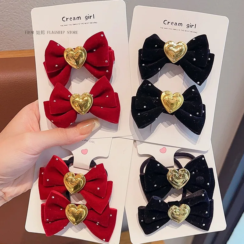 2 Pack Velvet Bow New Children\'s Autumn/Winter Christmas Hair Clip New Year Hair Tie New Year Headwear for Girls Accessories