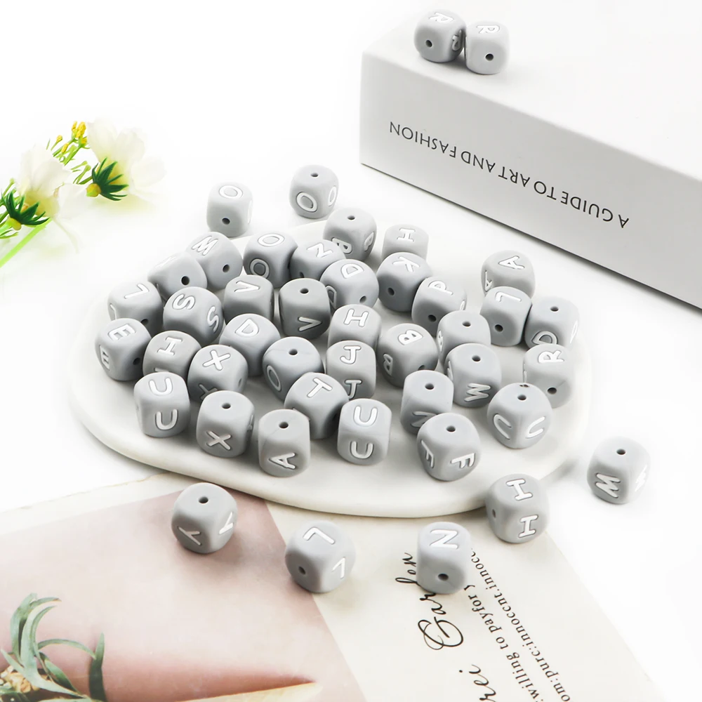 Sunrony 10~100Pcs 12MM Silicone Letter Beads Gray Square Alphabet Spacer Bead For Jewelry Making DIY Name Bracelet Accessories