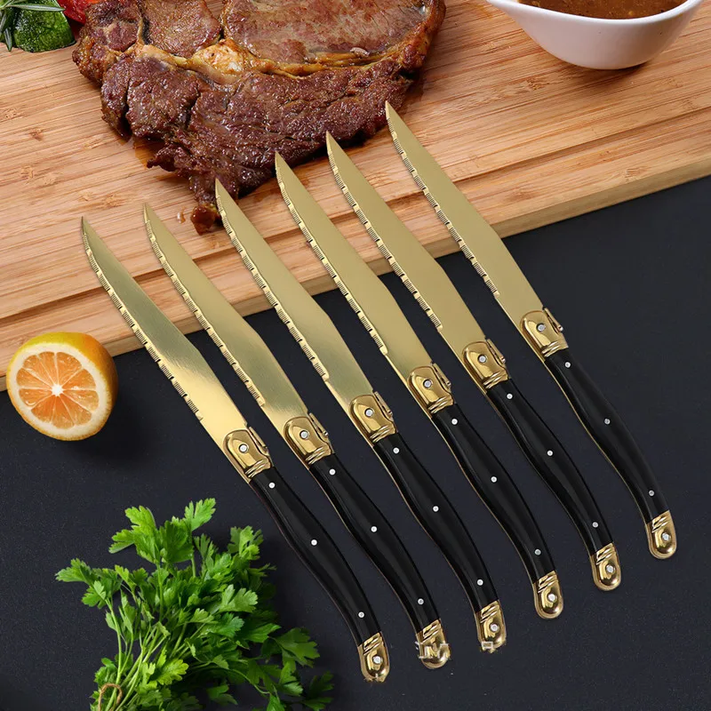 4-12Pcs 23CM 9inch Titanium Gold Plating Sharp Knives Laguiole Steak Knives Dinnerware Sets Black Golden Dinner Knife Xmas Gift