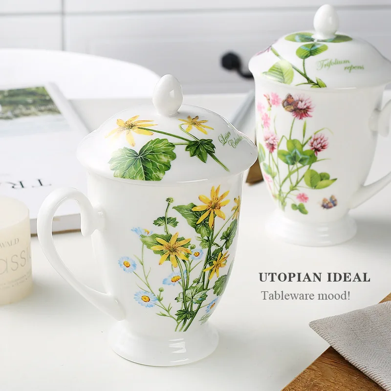 

High Bone China Mug Household Water Cup Ceramic Cup High Foot Office Cups Mouthwash Cups with Lid Mugs Coffee Mug