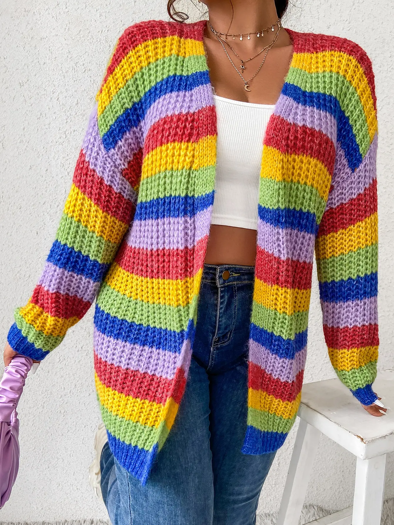 Plus  size Women\'s Plus Rainbow Striped Pattern Drop Shoulder Duster Cardigan