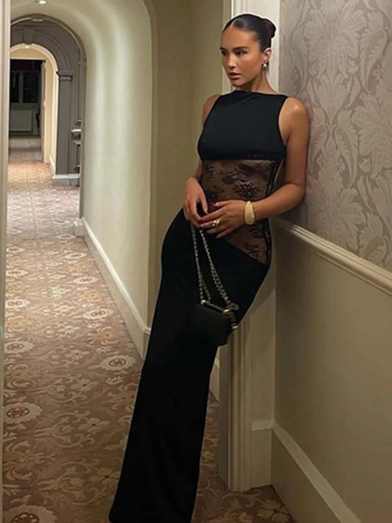 Woman\'s Elegant Sleeveless Lace Patchwork Evening Dress Black High Street O-neck Backless Hollow Out Slim Long Party Dresses