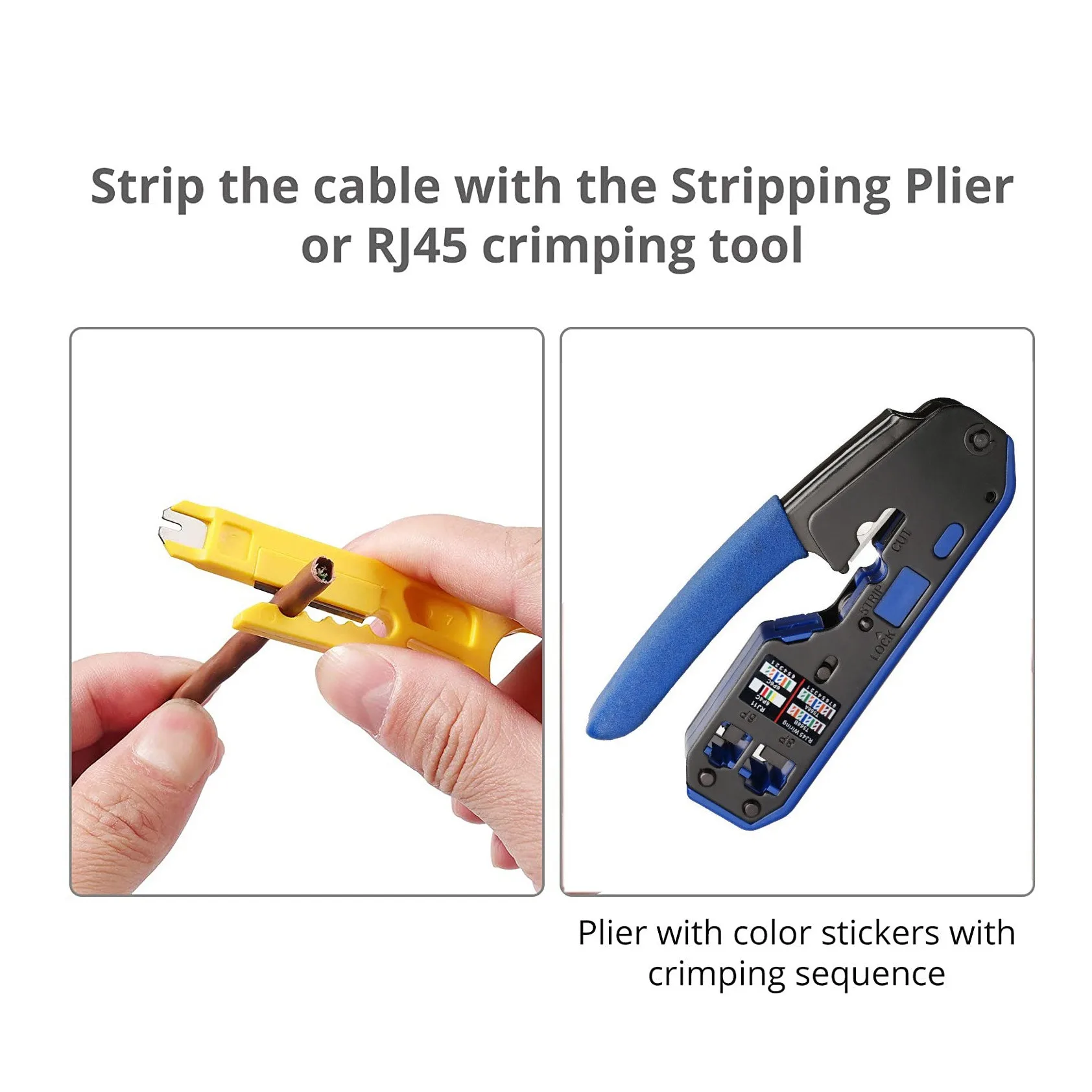 RJ45 Crimp Tool Set All-In-One Stripper Cutter with 50 PC CAT6 Pass Through Connectors 50 PC RJ45 Cat6 Protection Covers