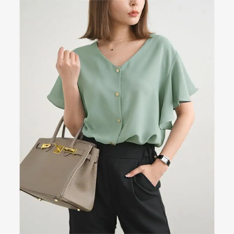 Fre Pure Color ort Sve irt Estate 2023 giapponese Sle Loose Fit V-Ne Nodo misto cotone Top con finiture in pizzo