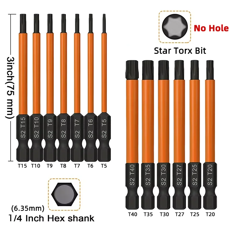 13Pcs 75mm Torx Bit Set T5-T40 Tamper Resistant Star Bits Set 1/4 Inch Hex Shank S2 Steel Magnetic Torx Screwdriver Bit