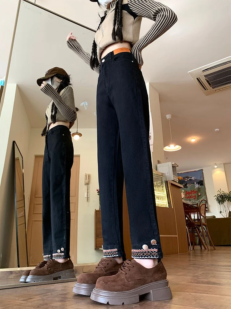 ارتفاع الخصر المطرزة واسعة الساق الجينز المرأة سليم صالح مستقيم قطع الدينيم السراويل الخريف جديد Sle حجم كبير الشكل الصغير الشقق...