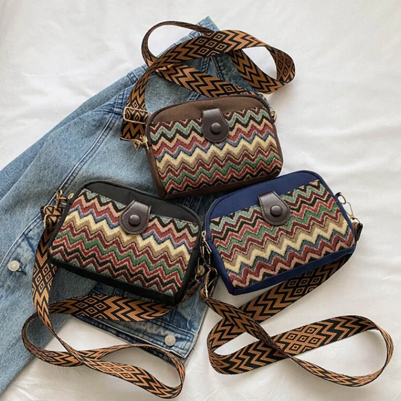 Bohemian Mini Crossbody Bag, Retro Canvas Shoulder Bag, Women's Geometric Pattern Square Purse Messenger Bags