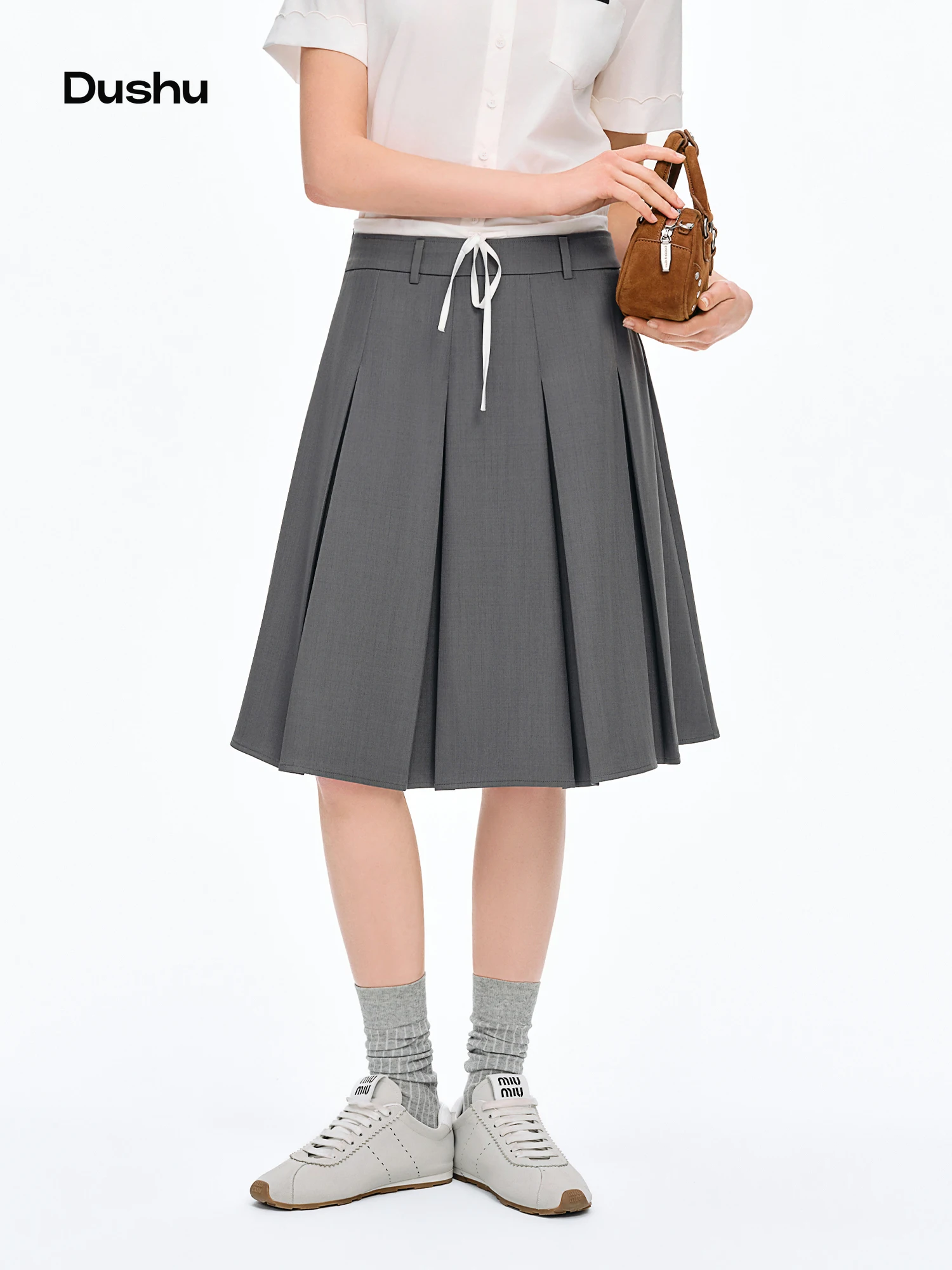 

DUSHU Color-blocked Drawstring Midi Skirt New Summer Korean Style High-waisted Slimming A-line Pleated Skirt College All-match