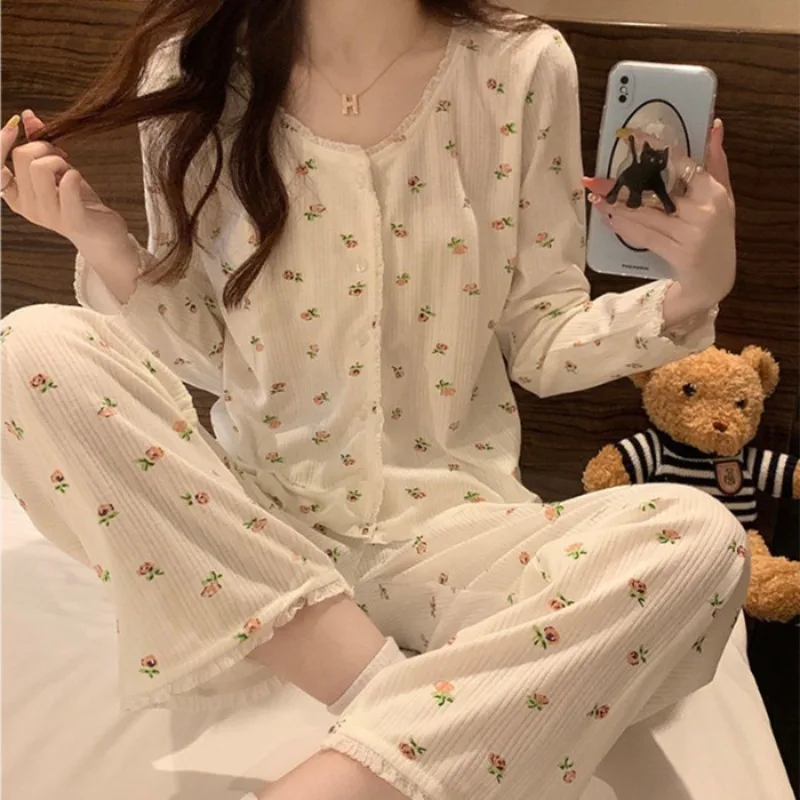 Simple Women Pajamas Spring Autumn Cute Round-neck Long-sleeve Long-pants Set Girls Loose-fitting Student Homewear Ladies Casual