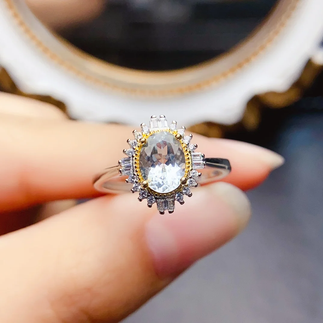 FS 6*8mm Natural Aquamarine Ring S925 Sterling Silver Fine Charm Weddings Jewelry for Women Certificate MeiBaPJ Christmas Gift