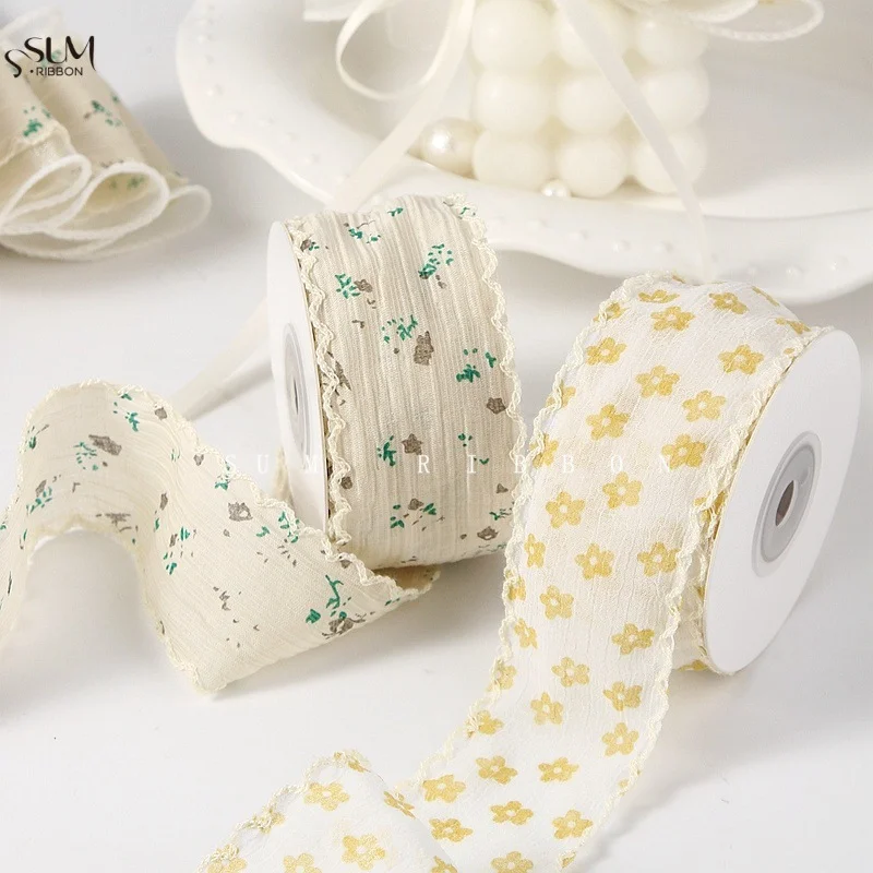 Kewgarden 4cm 10 Yards Edged Crinkle Floral Ribbon for DIY Hair Bows, Cottage Garments and Wavy Lace Decor
