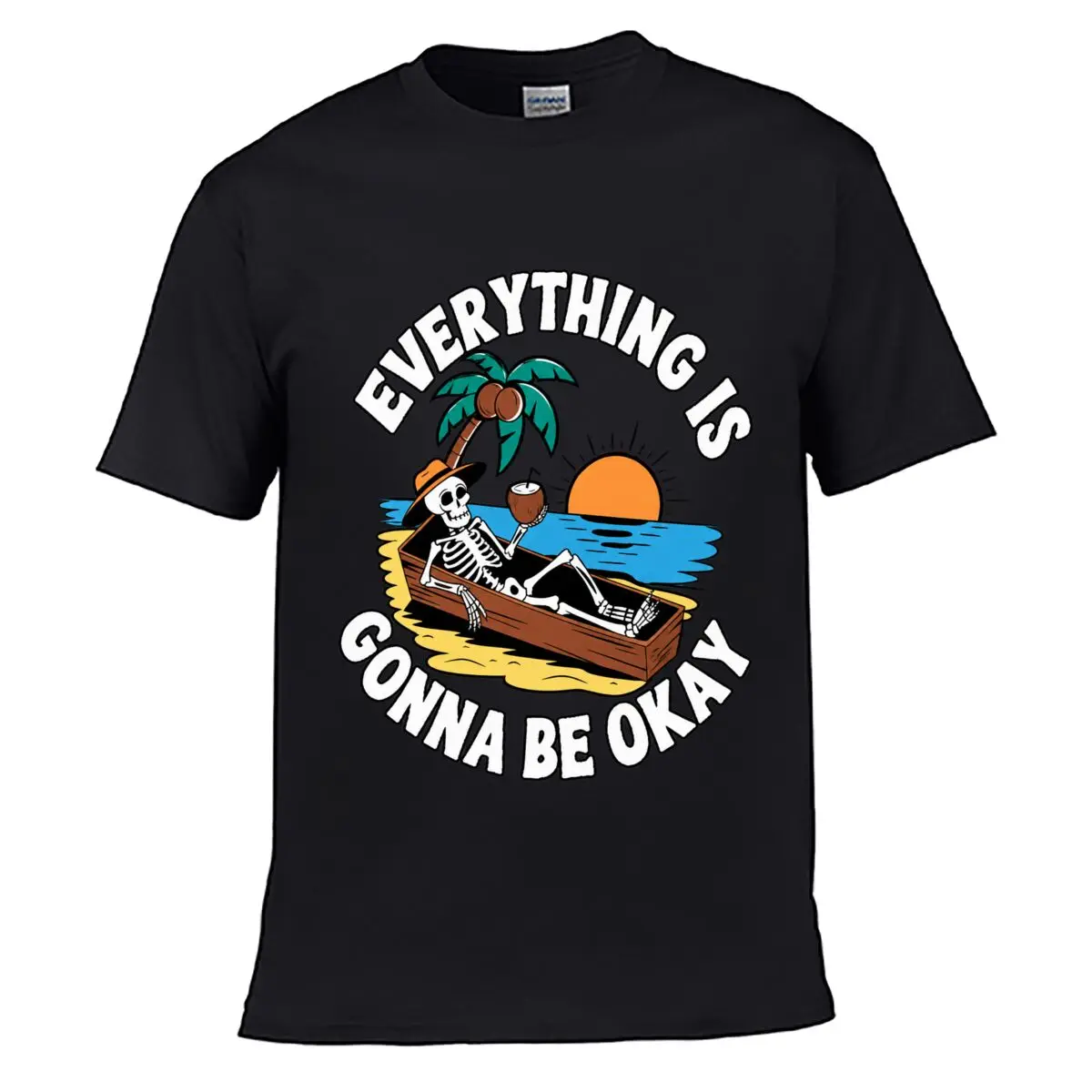 Everything Is Gonna Be Okay Skeleton Coffin Tropical Sunset Coconut Palm short-sleeved T-shirt