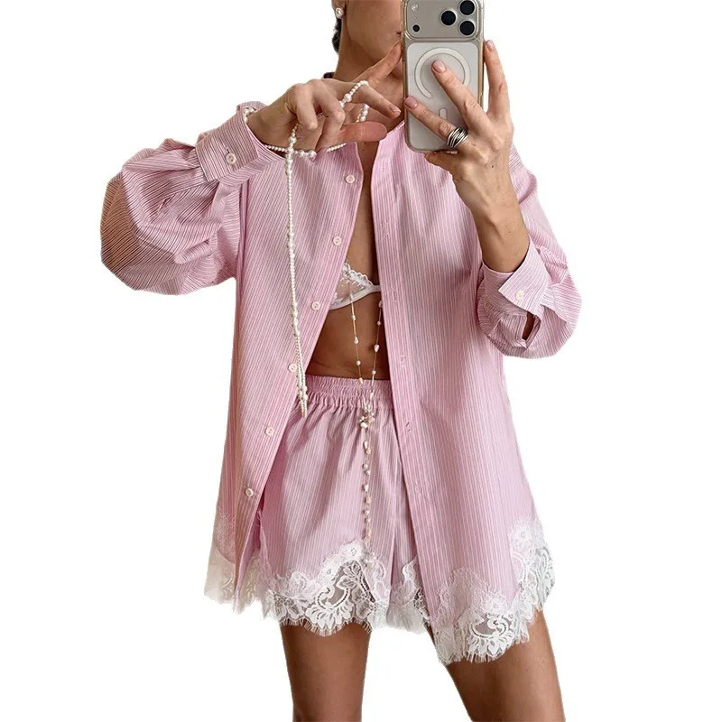 Women's 2-piece Set Shorts Summer Outfits Short Pants Light Blue Oversized Shirt Pink Striped Capri Pants White view 5