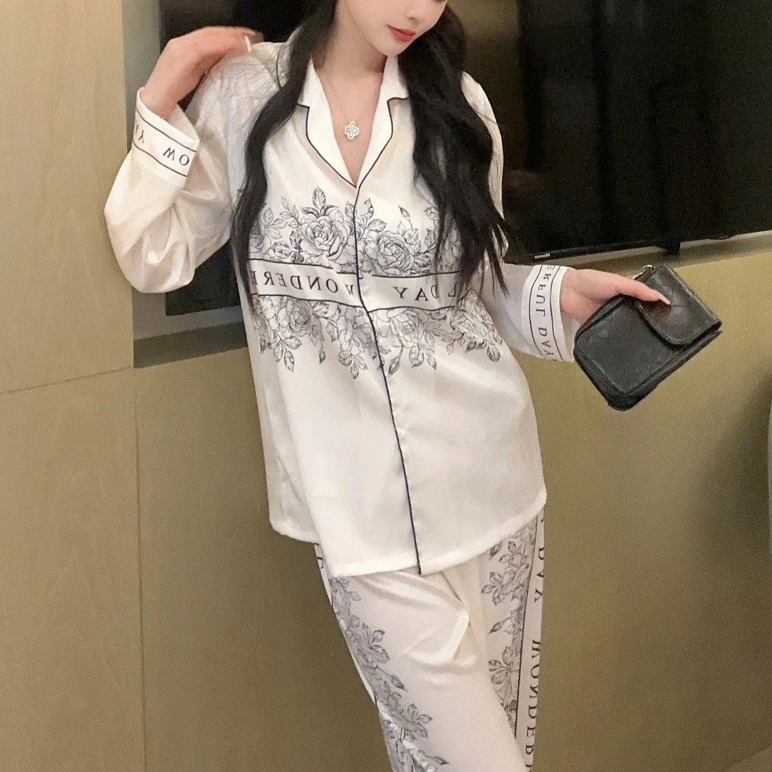 

Twinset Print Pajamas Set Lapel Women Long Sleeve Shirt&Pants Pijamas Suit Spring Satin Nightwear Pyjamas Sleepwear Lingerie