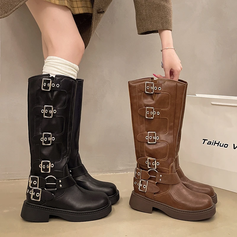 Autumn and Winter 2024 Vintage Boots Thin Western Cowboy Boot Medium Heel Leather Boots Cavalry Boots