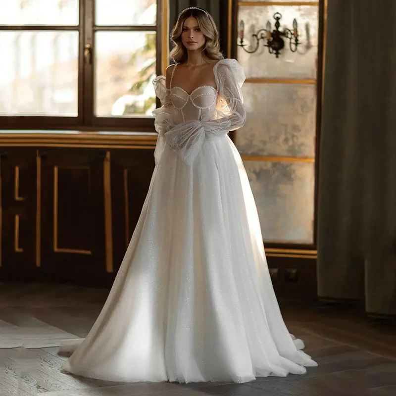 Smile ven glänzende Glitzer Brautkleider Langarm Schnürung Schatz Hals Spitze Brautkleider Vestido de Novia Brautkleid 2024