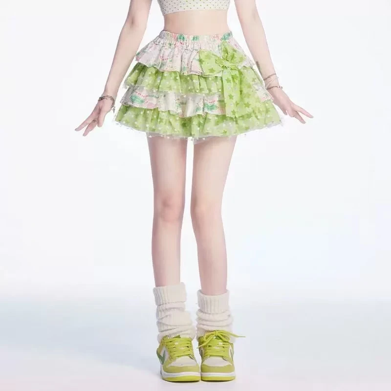 Kawaii Printed Puffy Half Skirt Ladies Japanese Design Polka Dot Mini Cake Skirt Sweet Lolita Y2K Cute Bow Ruffle Short Skirt