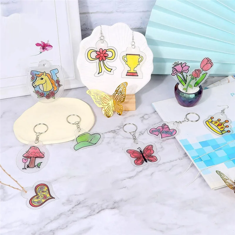 A56X Shrinky Art Keychain Kit, Including 20 Sheets Shrink Plastic Paper, Keychain Clip, Split Key Rings, Key Rings With Chain