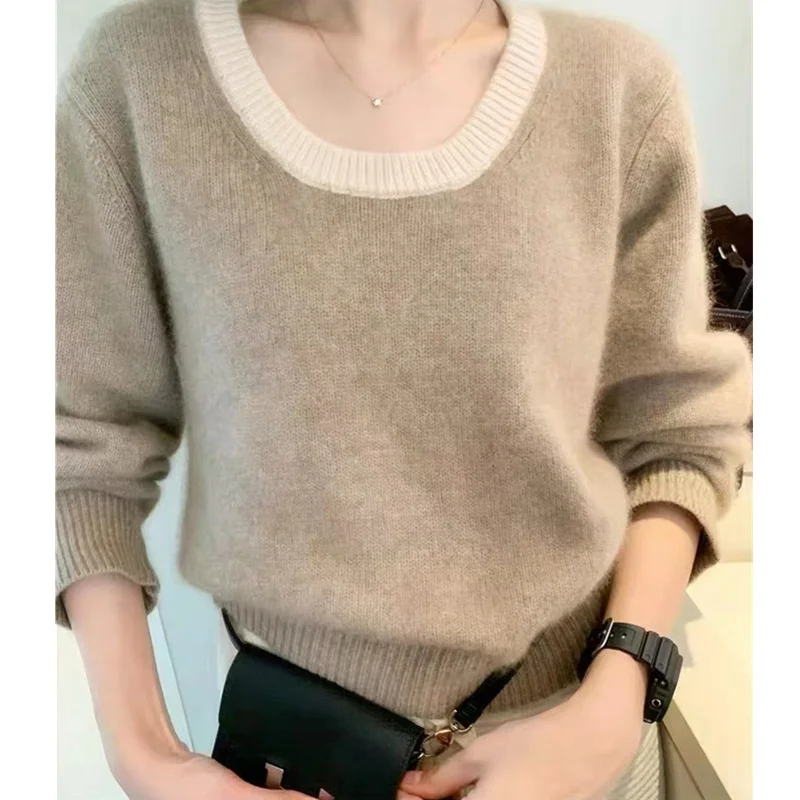 

High-end thick cashmere sweater women's loose sweater autumn/winter South Korea new color matching slim U-collar wool knit base